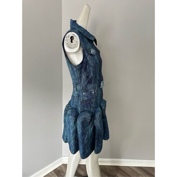 NWT Area Crystal Embellished Fur Print Sleeveless Godet Mini Dress Indigo Size 6 - Picture 10 of 13